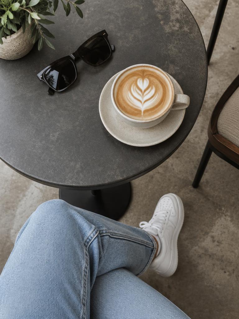 Latte, sunglasses, denim and white trainers at a cafe
